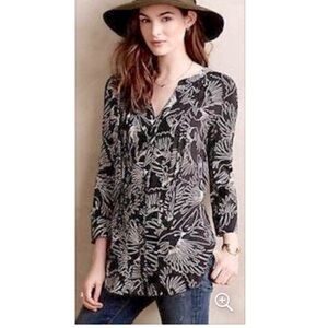 Anthropologie Maeve Black Bird PinTuck Pleated Button Down Shirt Top